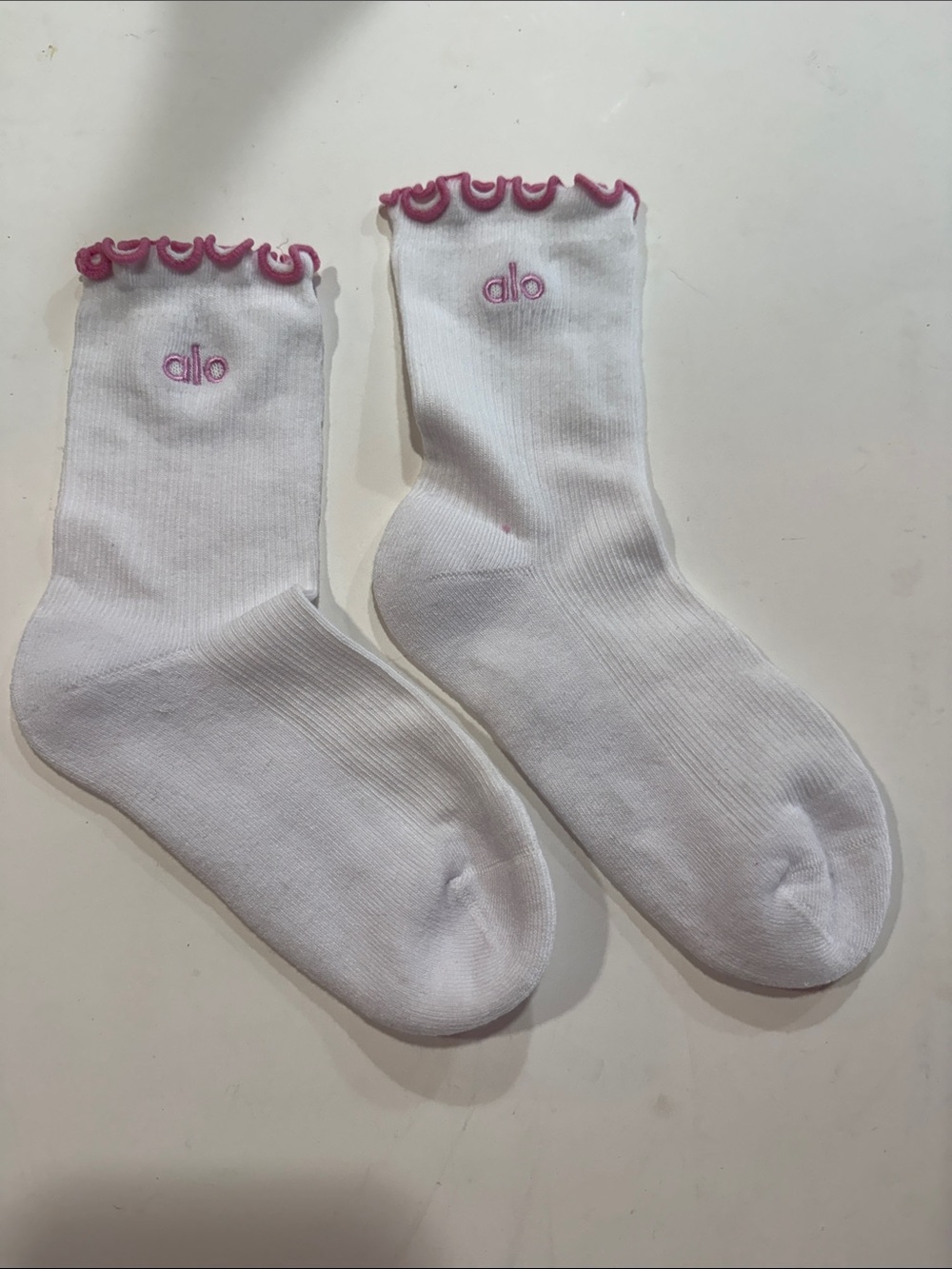 Alo White Socks with Pink Lettuce Edge